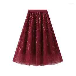 Skirts Fashionable Glittering Sequin Leaf Embroidery A-line Hanging Feeling Large Swing Mesh Skirt Versatile Fairy