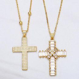 Pendant Necklaces Fashion Crystal Cross Necklace For Women Christian Jesus Gold Color Beads Lucky Amulet Jewelry Nkea053