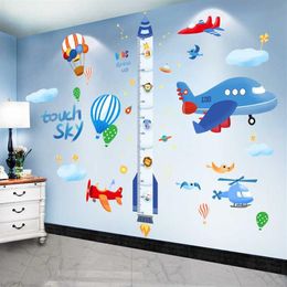 Cartoon Rocket Height Measure Wall Stickers DIY Airplane Clouds Mural Decals for Kids Rooms Baby Bedroom Home Decoration 210615219s