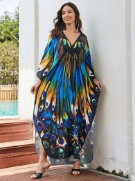 Bohemian Multicolor Print Long Sleeve Loose Kaftans Beach Cover Women 2023 Summer Autumn Sexy Beachwear Swimsuit Cover-ups