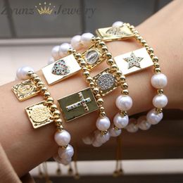 Bracelets 5pcs, Virgin Mary Religious Bracelets for Women Copper Freshwater Pearl Beads Cubic Zirconia Bracelets Heart Jewellery Women Gifts