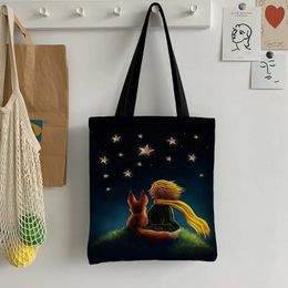 Cartoon Le Petit Prince Women Canvas Shopper Bag with Handle Funny Eco Foldable Reusable Tote Book Key Shopping 240106