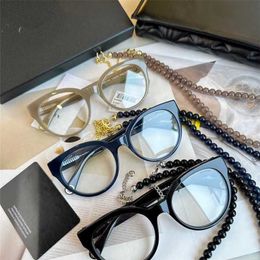 10% OFF Sunglasses New High Quality 23 year new CH3444 small fragrant wind round pearl chain pendant flat lens myopia glasses frame anti blue light