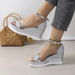 Sandals 2024 Fashion Shoes For Women One-word Buckle Women's Summer Sequins Open Toe High Heels Water Proof Outdoor