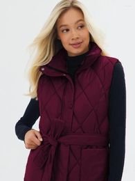 Women's Vests 2024 Winter Women Vest Coat Stand Collar Pocket Sleeveless Thicken Warm Zipper Padded Waistcoat With Belt Casual Jacket