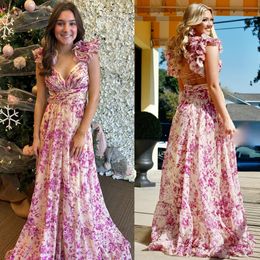Long Prom Dress 2k24 Ruffle Pleated Bodice Print Chiffon Maxi Formal Pageant Junior Senior Evening Hoco Gala Cocktail Party Red Carpet Maid Gown Photoshoot Tie-Back