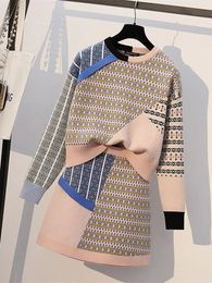 Autumn Winter Fashion Geometric Pattern Contrast Knitted Woolen Set Women Long Sleeve Loose Pullover Sweater Mini Skirt Suit 240105