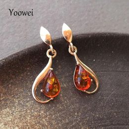 Earrings Yoowei Cognac Amber Earrings for Women 925 Sterling Silver Gorgeous Dangling Stud Earrings Baltic Amber Jewelry Factory 2022 New