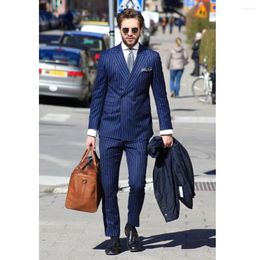Men's Suits Luxury Blue Double Breasted Peaked Lapel Elegant Business 2 Piece Jacket Pants High Quality Stripe Pattern Costume