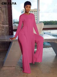 CM.YAYA Solid Classic Women's Set Long Sleeve High Slit X-long Tee Top Straight Pant Suit Tracksuit Fitness Two 2 Piece Outfits 240105