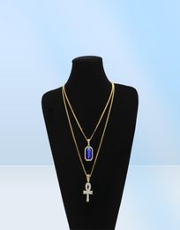Egyptian Ankh Key of Life Bling Rhinestone Pendant With Red Ruby Pendant Necklace Set Men Hip Hop Jewelry 4363399