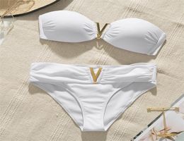 White push up woman swimsuit Summer beach sexy bikini set solid swimming for women swimwear Bandeau bathing 2202269998649