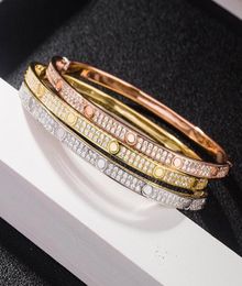 Fashion Full Diamond Bangle Stainless Steel Open Cuff Bracelet for Women Men Two Row Stone Bangles 3 Colour Selct Gold Silver Rosy7351990