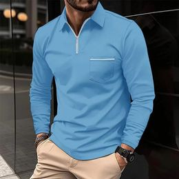 Men's Polo Shirts Solid Color Long Sleeve Tops for Men Autumn Social Business Casual Polos Tees Male Zipper Pocket Clothing 240106
