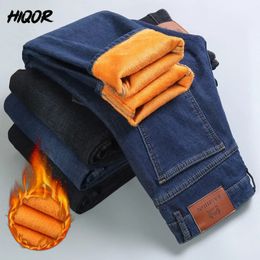 HIQOR Winter Warm Fleece Men's Jeans Classic Straight Black Baggy Jeans Denim Trousers Overalls Jean Cotton Y2k Style Man Pants 240106