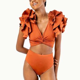 Solid Ruffle V-Neck Bikini Slim Fit Sexy Swimsuit Two-Piece Cross Straps Beachwear High Waist And Belly Plus Size 240105