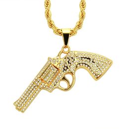 Hip Hop Pistol Gun Necklace Pendant Iced Rhinestone Gold Silver Colour Charm Bling bling Jewellery Long Cuban Chain3041538