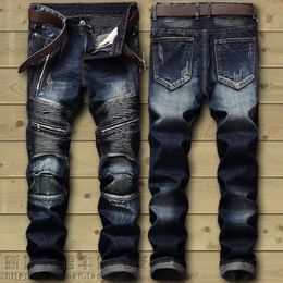 Drop Fashion Biker Jeans Mens Distressed Stretch Ripped Hip Hop Slim Fit Holes Punk Denim Cotton Pants 240106