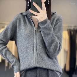 Women's Knits Spring And Summer Zippered Cardigan Pure Mink Cashmere Long Sleeved Coat Casual Korean Fashion Top