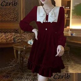 Basic Casual Dresses Vintage Corduroy Women Elegant Midi Sweet Ruffleswork Bow Button V-Neck A-Line Korean Style Lovely Harajuku D Dhaps