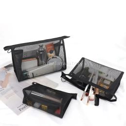 Black Nylon Mesh Transparent Cosmetic Bag Travel Women Toiletry Bag Makeup Organiser Case Large Capacity Pencil Case Pouch