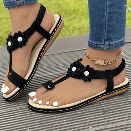 Sandals Women's Flowers Flat Clip Toe Elastic Band Slip On Summer Shoes Casual Lightweight Outdoor Beach