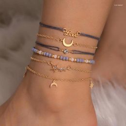 Anklets Vintage Ethnic Style Moon Star Anklet Set For Women Girl Simple Beading String Multilayer Foot Chains Jewelry 24303