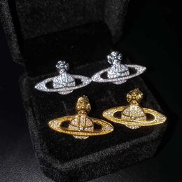 Stud Earrings Western Empress Dowager Silver Saturn Water Drops Long Sparkling Diamond Crystal Ear Studs Clip Two Wear Style Fashion for Women Jewelry Zx1j