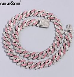 Chains Rhombus Prong Cuban Chain Pink Crystal Necklace For Men Women Rhinestones Paved Iced Out Hip Hop JewelryChains ChainsChains1455994