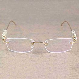 16% OFF Vintage Leopard Rimless Clear Stone Transparent Glasses Frame Luxury Eyewear Men Accessories Oculos Eyeglasses New