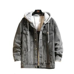 Denim Jacket Men Hooded Casual Jean Jackets Streetwear Solid Colour Turn Down Collar Coats Jacktes Hat Detachable 240105