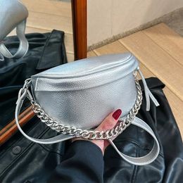 Chain Waist Bag For Women Silver Fanny Pack Quality PU Leather Saddle Crossbody Chest Bag Female Waist Pack Banana Hip Bag Purse 240106