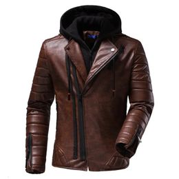 Men 's PU Leather Jacket Personality Motorcycle Jacket Hooded Large Size Fashion Men' S Clothing 240106