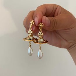 Stud Earrings Western Empress Dowager Silver Saturn Water Drops Long Sparkling Diamond Crystal Ear Studs Clip Two Wear Style Fashion for Women Jewellery Aoc5