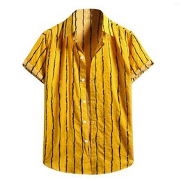 Men's Casual Shirts Men Cotton Linen Stripe Print Short Sleeve Button Shirt Blouse Top Slim Fit Dress Handsome Clothes 2024