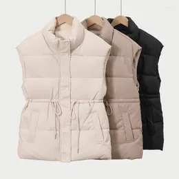 Women's Vests 2024 Autumn Winter Women Vest Sleeveless Puffer Jacket Warm Belt Stand Collar Thick Coat Buttons Pockets Loose