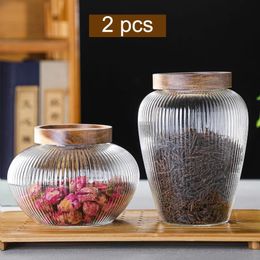 Wood Lid Glass Airtight Canister Kitchen Storage Bottles Jar Food Container Grains Pu'er Tea Can Coffee Beans Candy Jars 240106