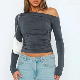 Women's T Shirts Women One Shoulder Tops 2024 Spring Casual Long Sleeve Ruched Shirt Sexy Slim Crop Top Woman Fashion Pink Tight Basic