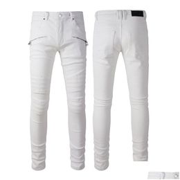 Mens Jeans White No Rips Skinny Designer For Men Ripped Pants With Holes Denim Man Straight Leg Slim Fit Zipper Hole Fashion Long Hip Dh18O