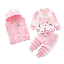 Winter Cold Children Set Boy Girl Thicken Plush Warm Cartoon Bear VestTopPant 3Pcs for Kids Clothes Baby Clothing 240106