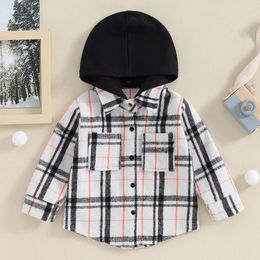 Jackets Fashion Children Kids Boys Plaid Coat Long Sleeve Hooded Button-Down Toddler Girls Fall Winter Casual Outerwear