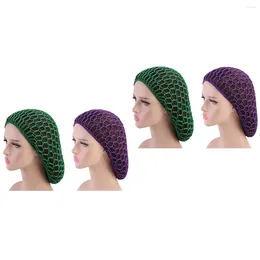 Berets 4 Pcs Handcraft Crochet Net Hat Long Sleeping Hair Protective Protector(Green Purple 1pc For Each Color)