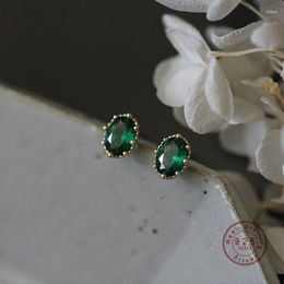 Stud Earrings Small Emerald Oval Zircon Women 925 Sterling Silver Vintage Temperament French Wedding Bridesmaid Jewelry