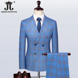 S-5XL Blazer Vest Pants Luxury High-end Brand Men's Slim Formal Business Blue Plaid Suit 3piece Groom Wedding Dress Party Tuxedo 240106