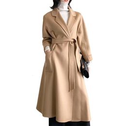 2023 Korean Women Handmade Corrugated Water Ripples Coat Doublesided Cashmere Wool Long Woollen Jacket Outerwear y240105