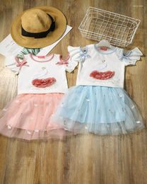 Clothing Sets Girls Clothes Summer Kids Cotton Fashion Swan Flower Short Sleeve T-shirt Tops Skirts 2pcs Suit