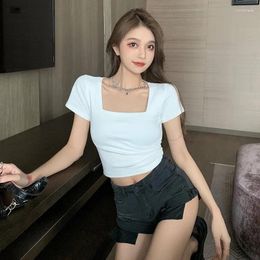 Women's T Shirts Solid Basic Short Sleeve Womens Tshirt Black White Grey Square Neck T-shirt Fashion Crop Top Shirt Ladies Korean Sexy Tee