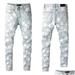 Mens Jeans Skinny For Man Pants Designer Grey Rip Denim Biker Paint Di Pant Bone Slim Fit Stretch Motorcycle Star Halloween Hip Hop St Dhjk3