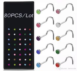 Stainless Steel Crystal Bone Nose Stud Piercing Earring Nostril Piercings Silver Color Nose Ring Prong Body Jewelry Piercings2713782