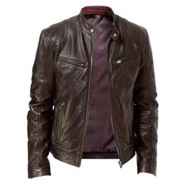 Men's leather jacket standing neck zipper casual slim fitting motorcycle men's winter fleece tactical 240105